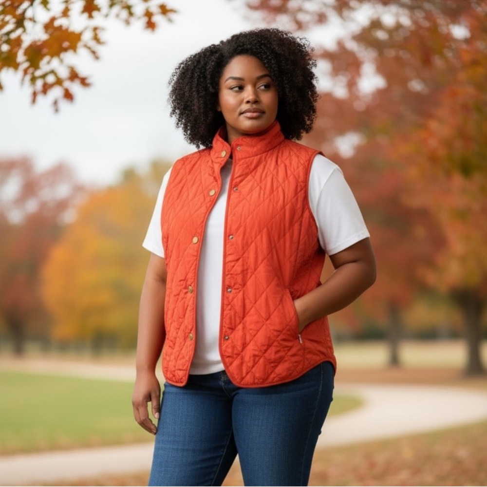 Talbots Quilted Puffer Vest Burnt Orange Outerwear Zippered Casual, XL
